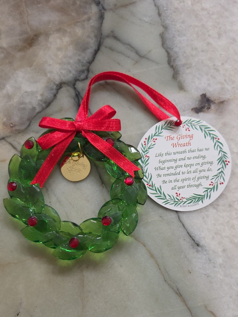 Holiday Giving Wreath Ornament with Red Ribbon